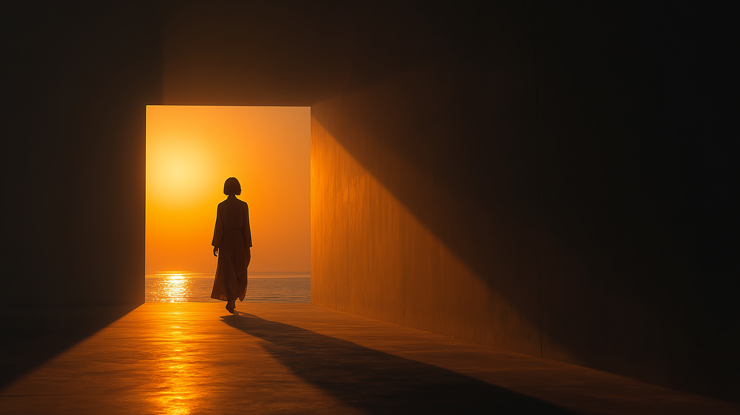 闇から光へ歩むシルエット、黄金の朝日、前進の象徴